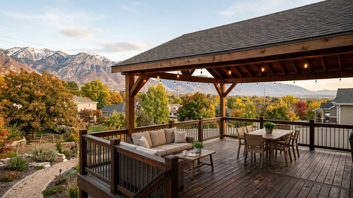 Covered wood deck with a solid pitched roof overlooking a Utah backyard near the foothills in autumn