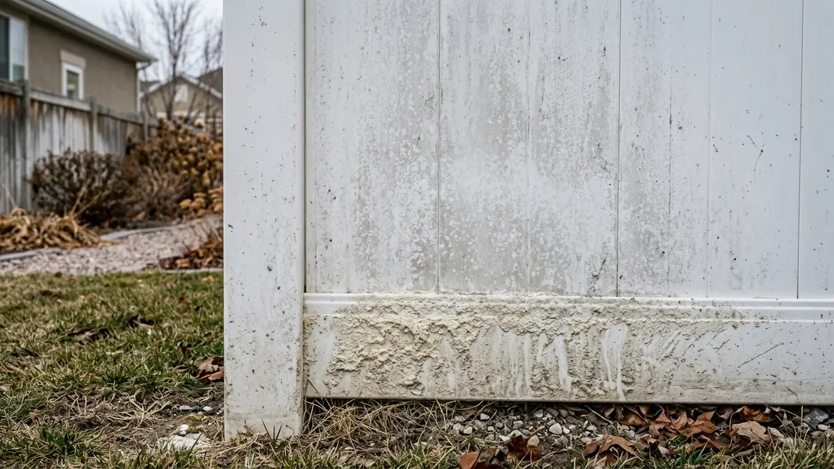 Close-up of a white vinyl fence panel dulled by chalky hard-water spots and dried road-salt residue.