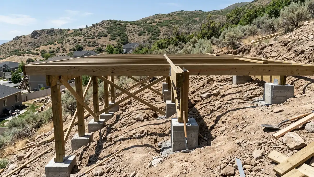 Concrete footings and post framing for a deck under construction on a sloped Utah backyard lot