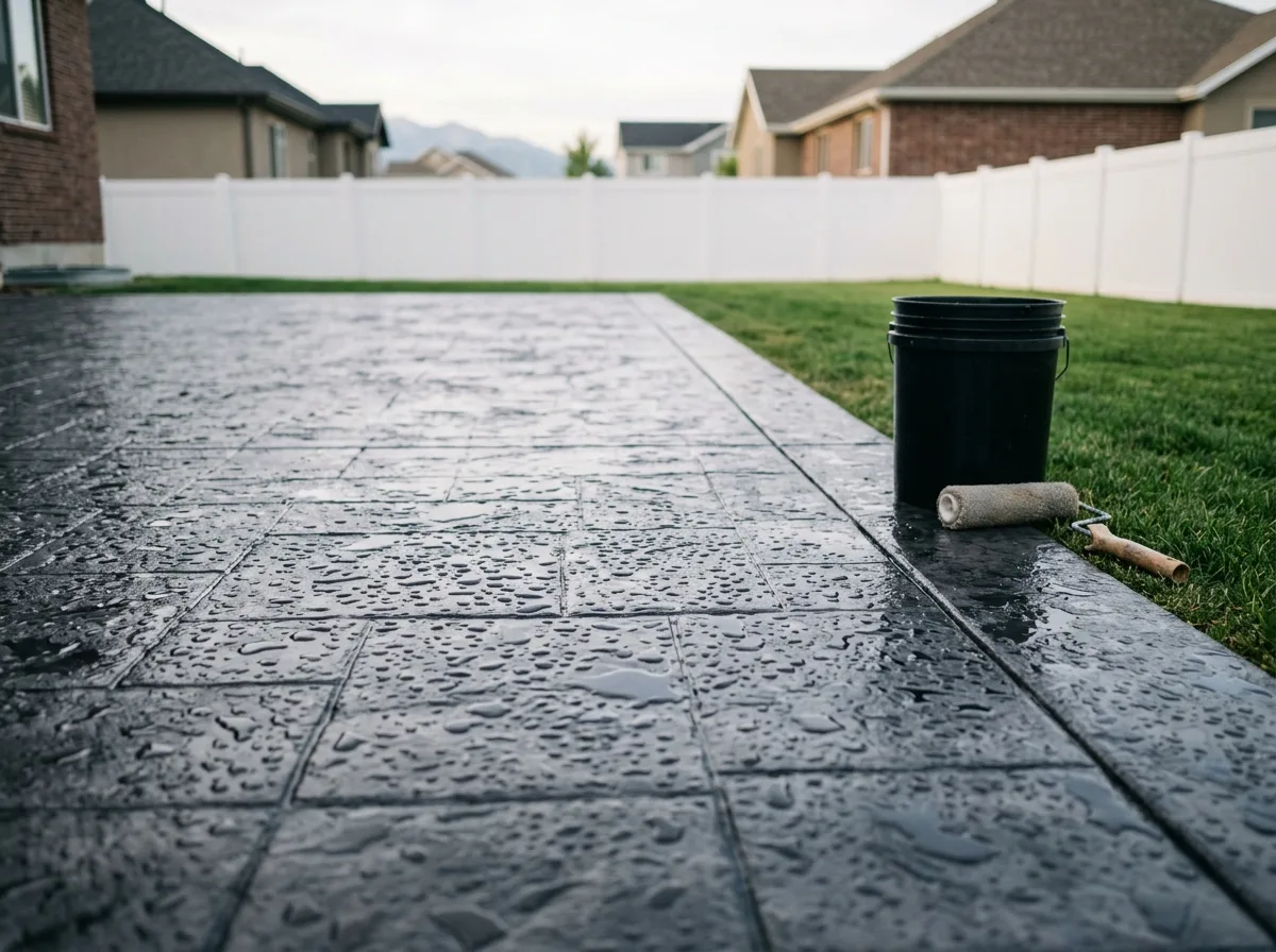 A freshly sealed stamped concrete patio in Sandy, Utah with water beading on the surface, the colour deep and even, bordered by a lawn and a vinyl fence