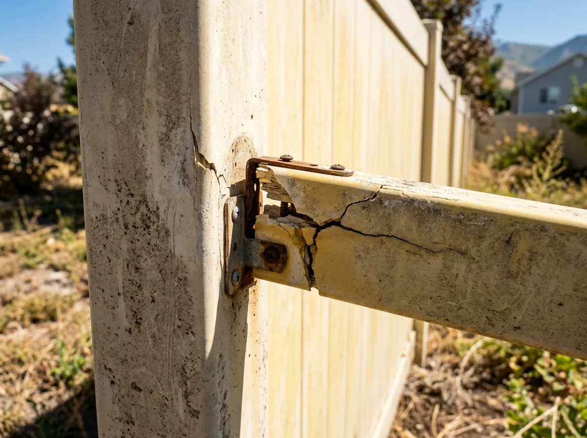 Close-up of an aging vinyl fence panel gone chalky and yellow with a cracked rail joint, in bright Utah sunlight