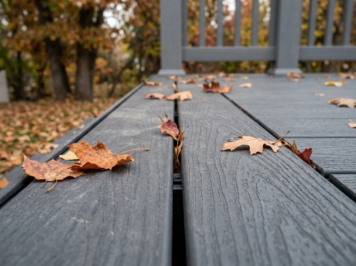 Close view of new gray composite deck boards with even spacing gaps and hidden fasteners, autumn leaves resting on the surface