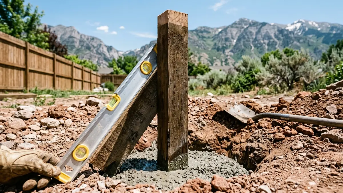 Fence post being set in wet concrete in rocky Utah clay soil along a residential property line