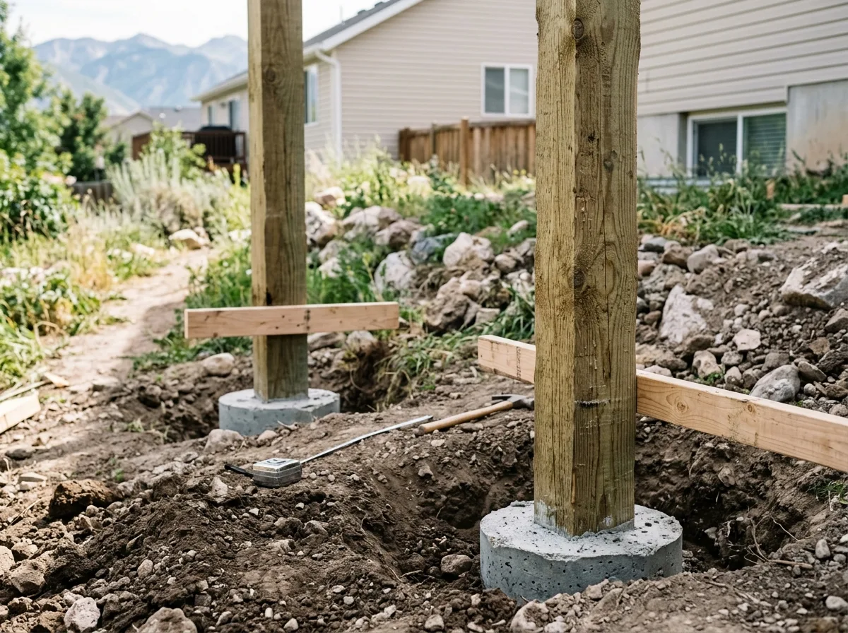 Concrete deck footings and pressure-treated posts set in a dug backyard in Sandy, Utah, before the deck framing goes on