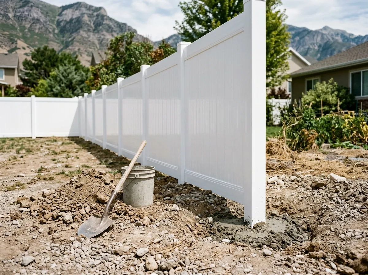 Newly installed white vinyl privacy fence panels along a residential property line in a Utah backyard, with a freshly backfilled post hole and loose rocky clay soil in the foreground