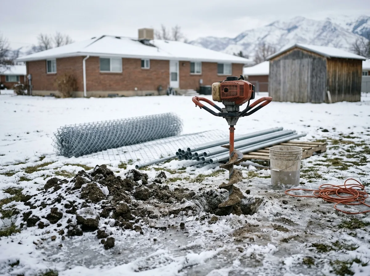 Gas-powered post-hole auger standing in a freshly dug hole in a snowy Utah backyard, with rolls of chain link and steel posts laid out and the Wasatch Mountains behind