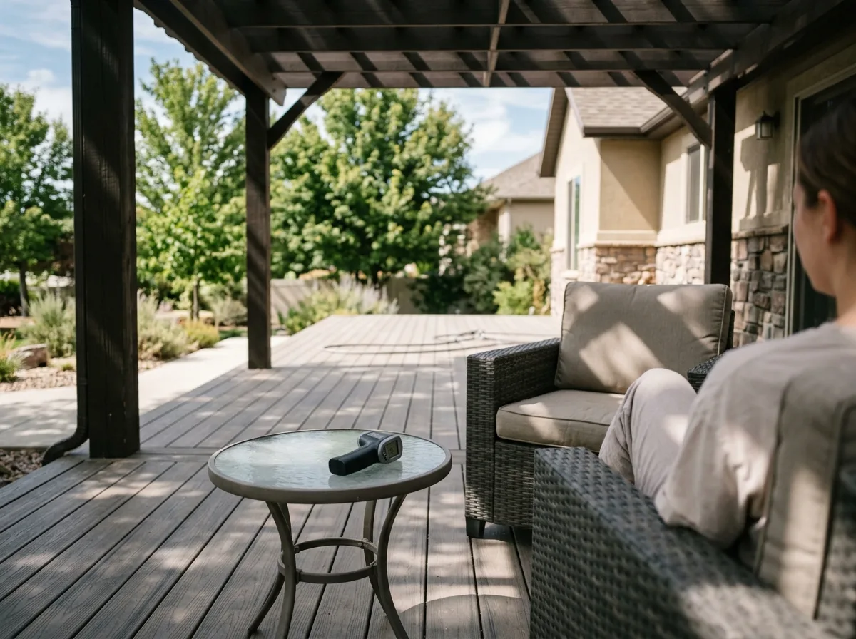 Shaded backyard composite deck under a wooden pergola with wicker patio furniture and an infrared surface thermometer resting on the side table