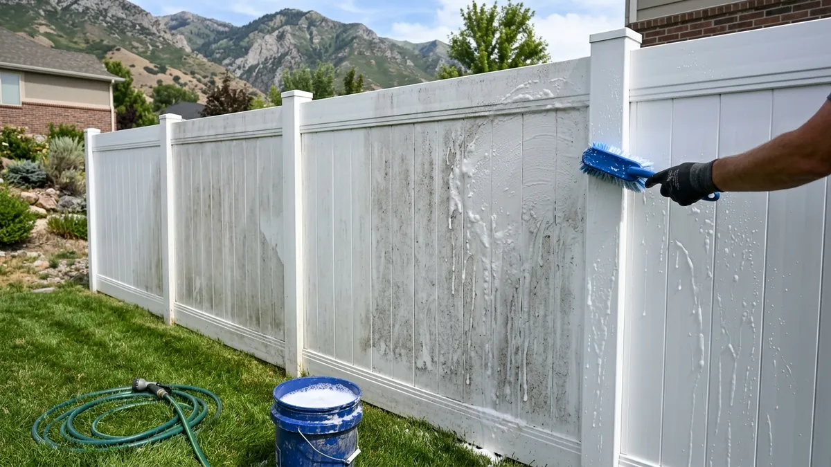 A gloved hand scrubbing a white vinyl fence with a soapy soft-bristle brush, a bucket and hose at the base.