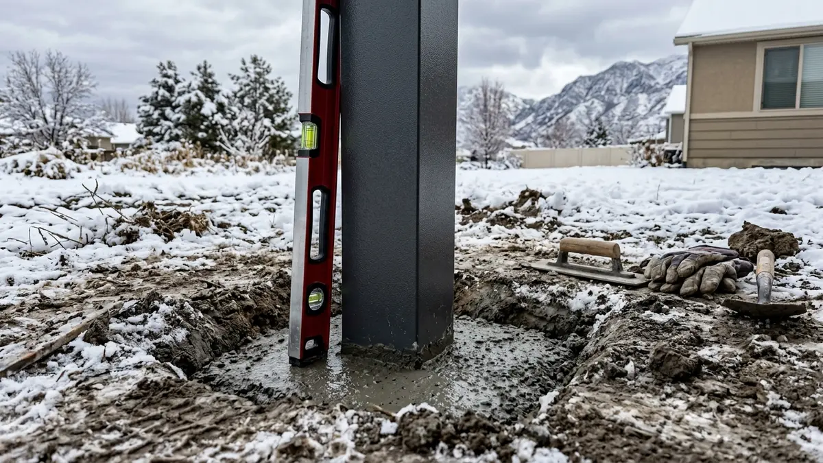 Aluminum patio cover post set plumb in a freshly poured concrete footing in a snowy Utah backyard