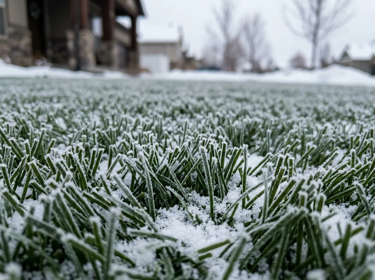 Close-up of green artificial turf blades with a light dusting of frost and snow on a cold morning