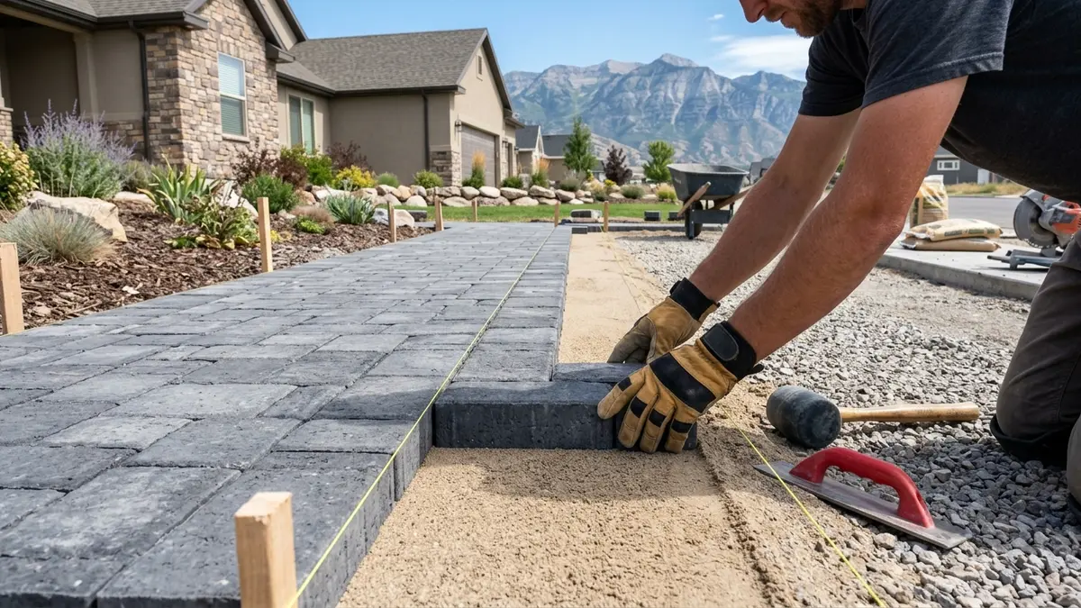 Pavers being set by hand on a compacted sand-and-gravel base during a Utah paver driveway installation