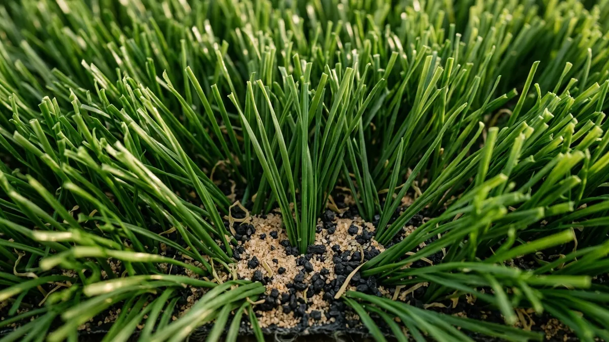 Close-up of dense premium artificial turf blades with sand and rubber infill visible at the base