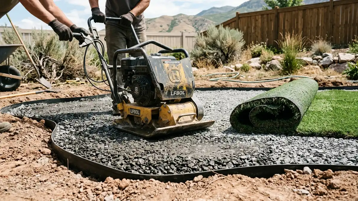 A plate compactor pressing down the crushed-rock base during an artificial turf installation in a Utah backyard