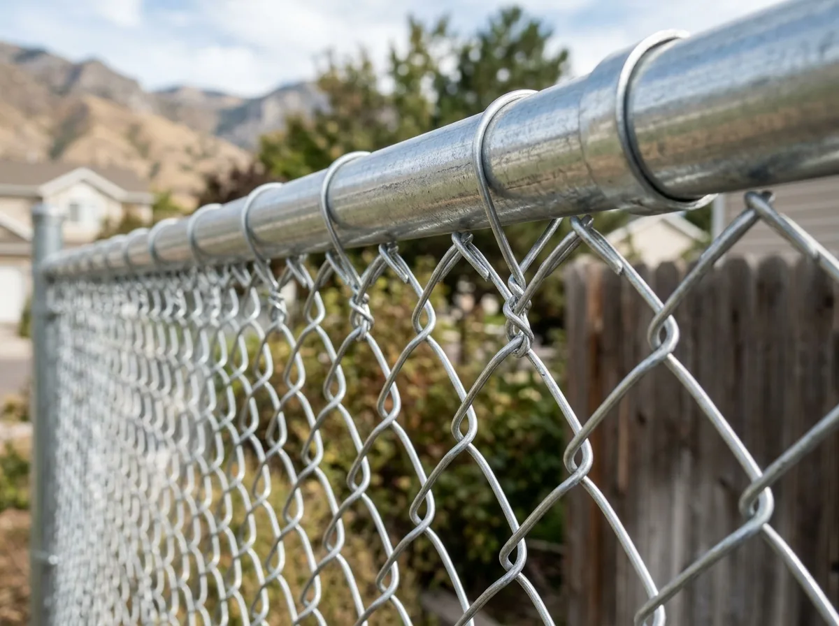 Close-up of a galvanized chain link fence mesh and top rail joined by tie wires, with a Utah backyard and the Wasatch mountains behind