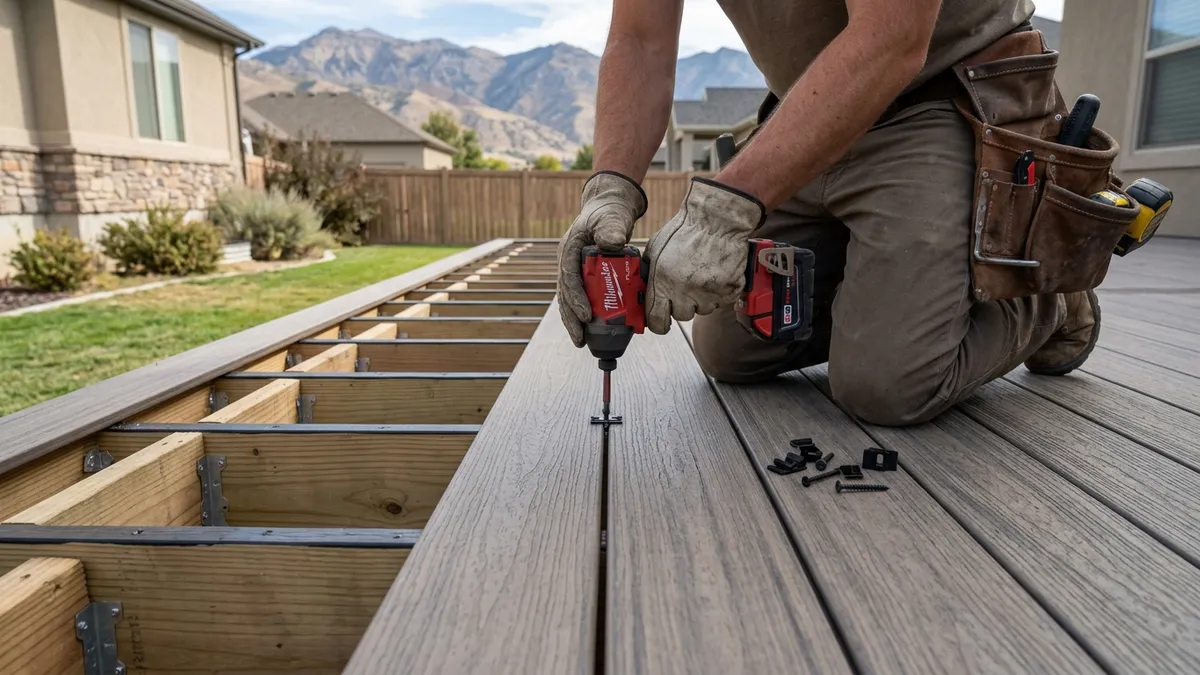 Deck builder fastening a composite board with a hidden clip over new joist framing