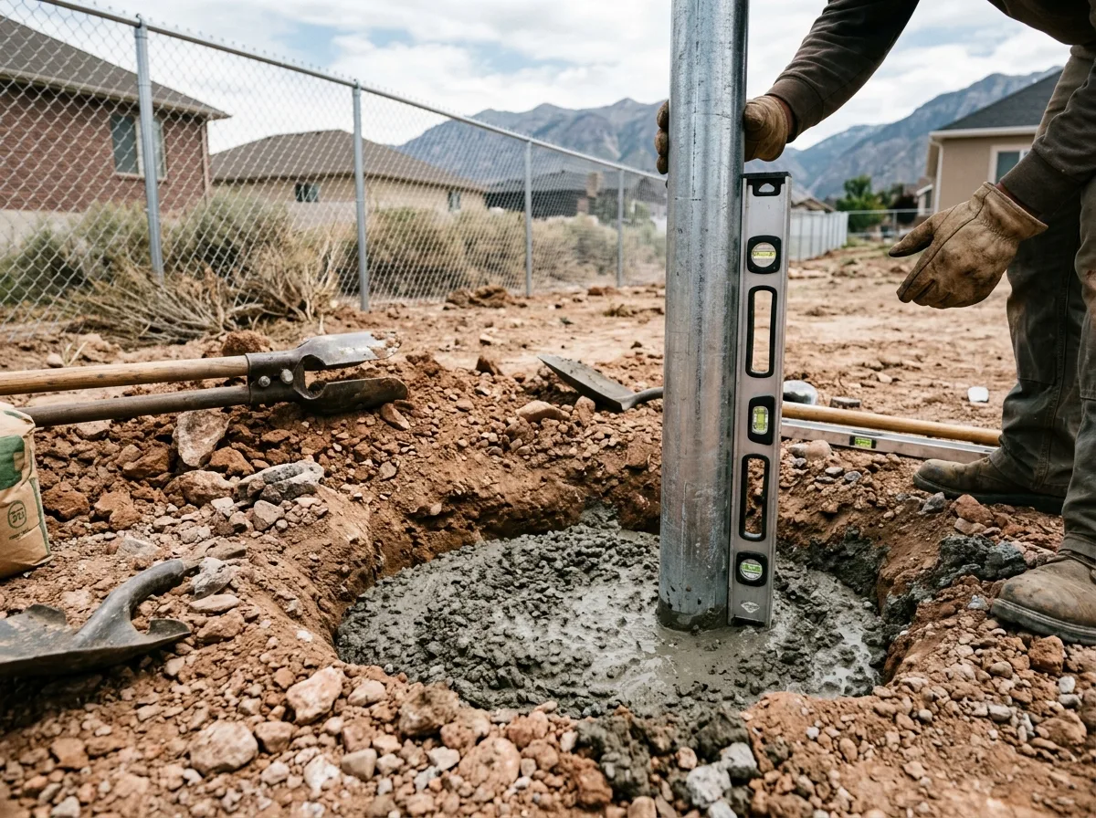Fence installer holding a galvanized chain link post plumb with a level while it sets in wet concrete in rocky Utah soil