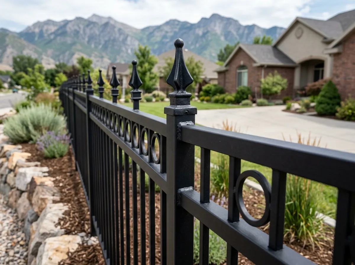 Close-up of a black powder-coated iron fence panel with decorative finials