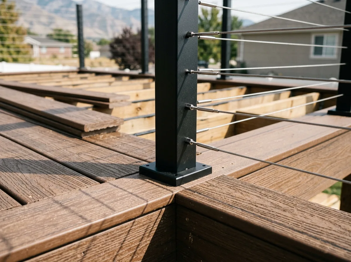 Close view of brown composite deck boards and a black cable railing on a sunny Utah deck