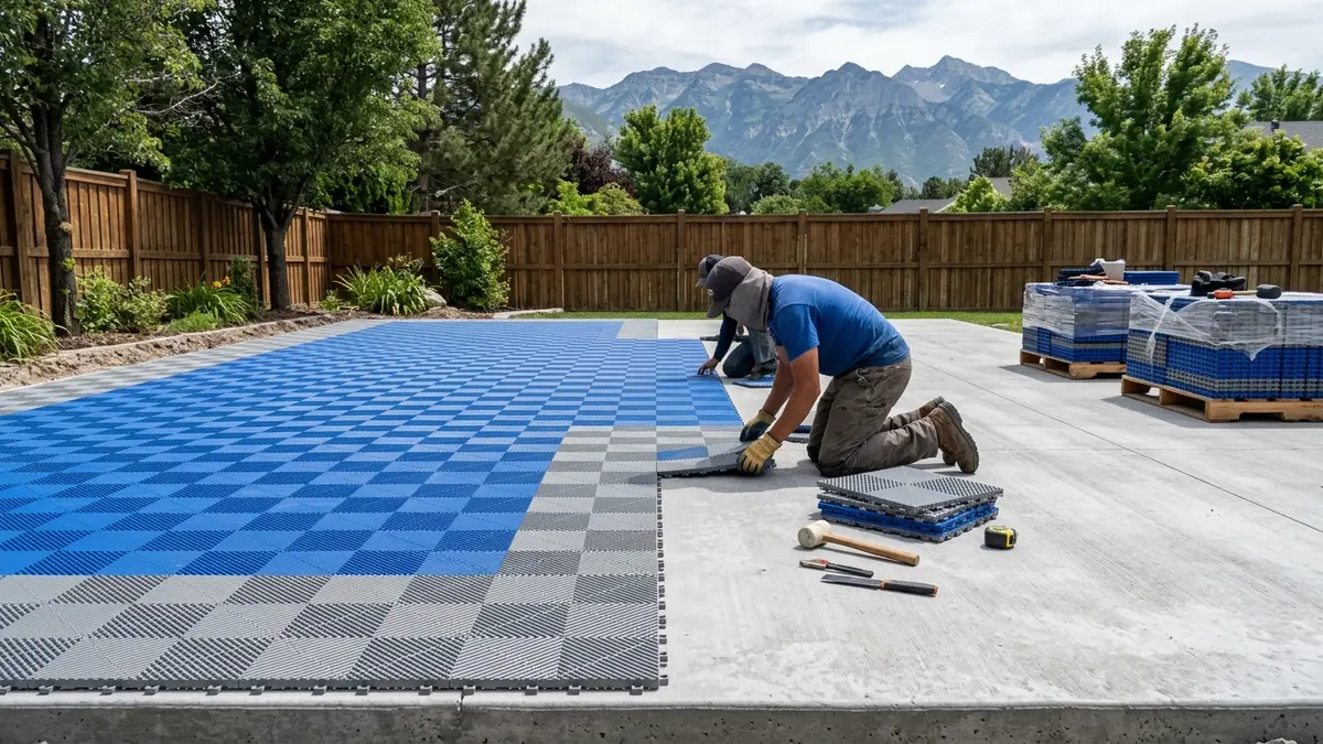Half-court sport court being installed as workers lay blue and gray modular tiles over a fresh concrete slab base in a Utah backyard