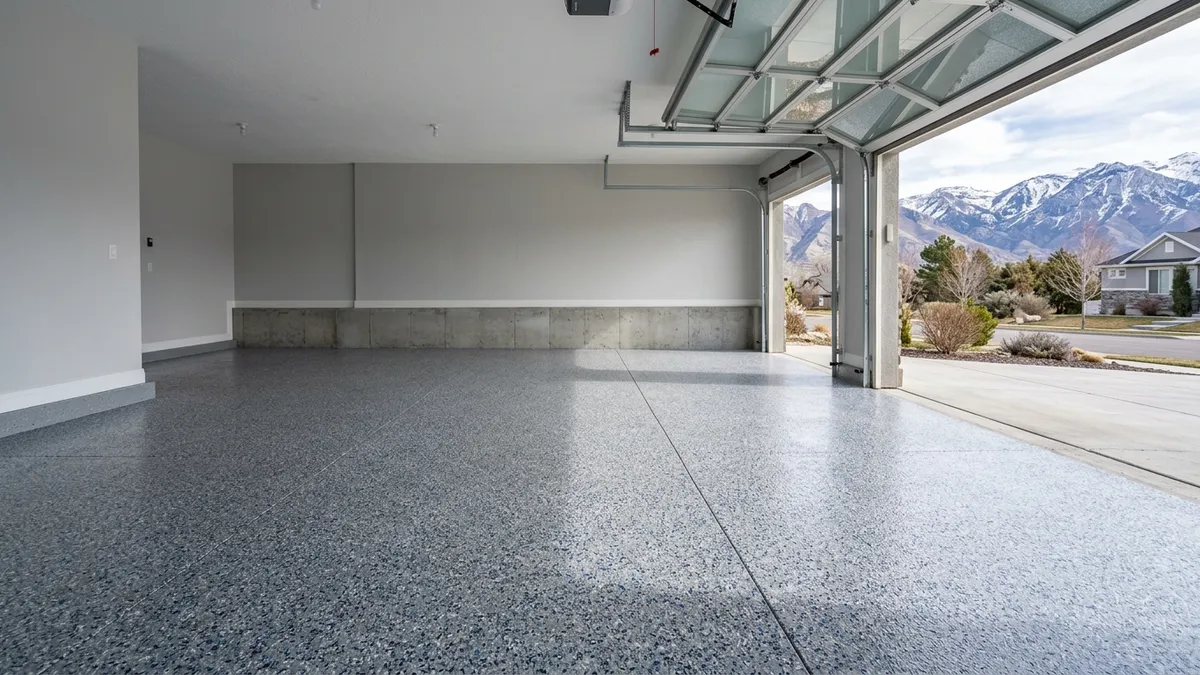 Finished gray-and-blue flake epoxy garage floor with a slip-resistant textured surface in a Utah garage