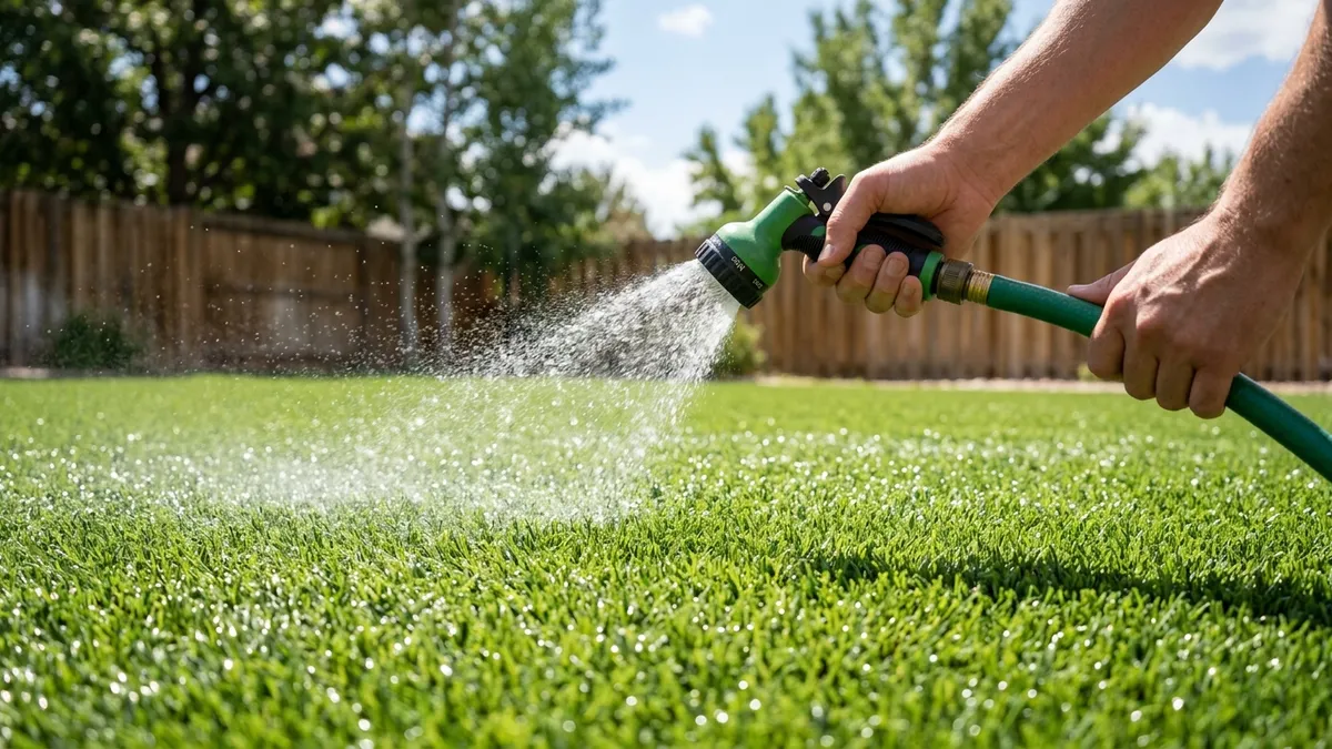 Hands rinsing a bright green artificial turf lawn with a garden hose in a Utah backyard on a sunny day