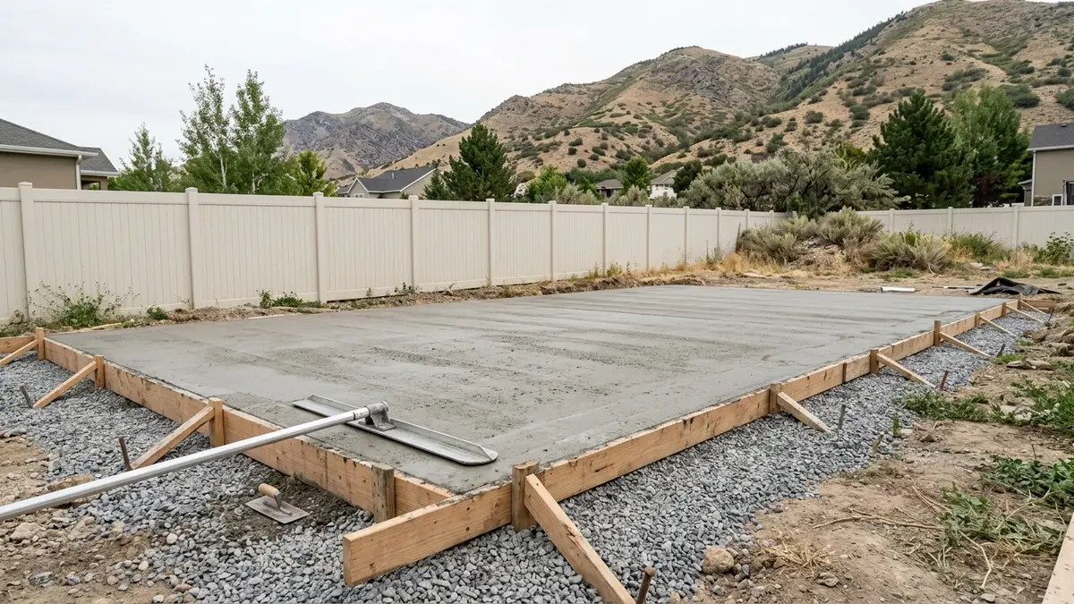 Freshly poured concrete slab on a compacted gravel base for a backyard pickleball court under construction in Utah