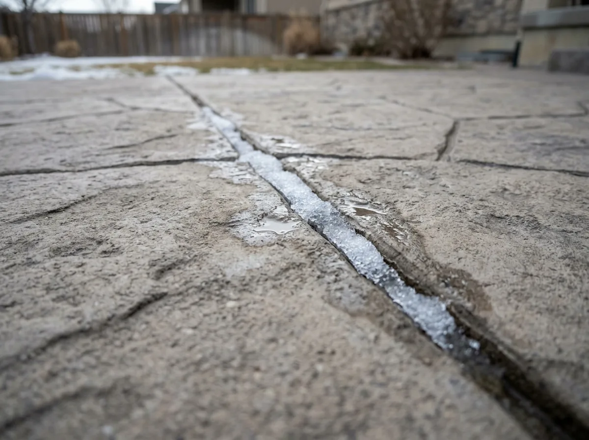 Close view of a stamped concrete patio surface in a Sandy, Utah backyard, showing the textured flagstone pattern and its deep grout lines holding a thin line of melting snow