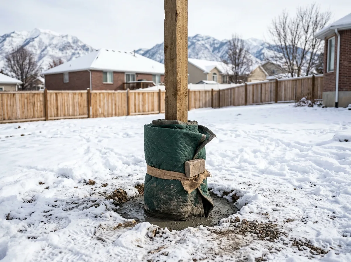 Newly set wooden fence post wrapped in an insulating blanket at its concrete base in a snow-covered Utah backyard, with a finished wood fence and mountains behind