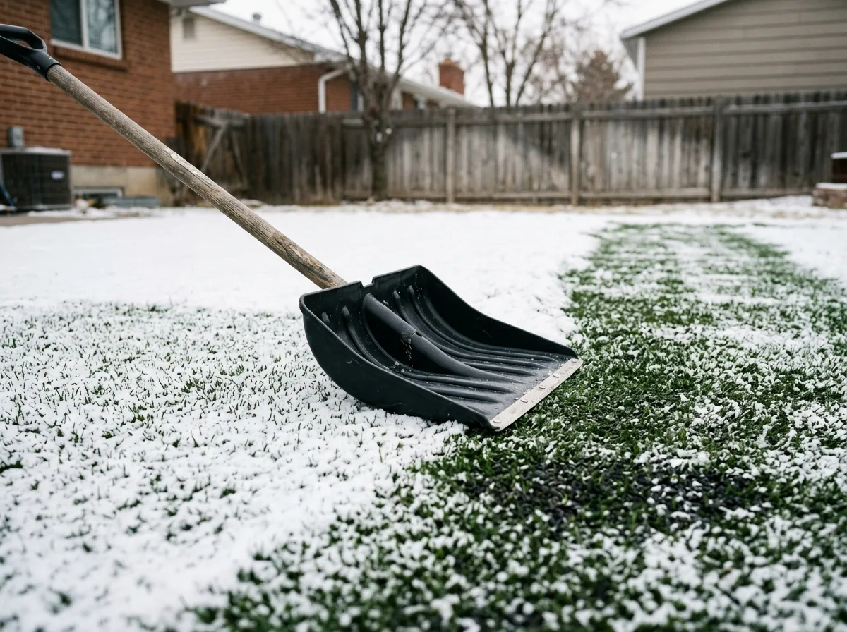 A plastic snow shovel resting on a partly cleared artificial turf backyard lawn after a light snowfall
