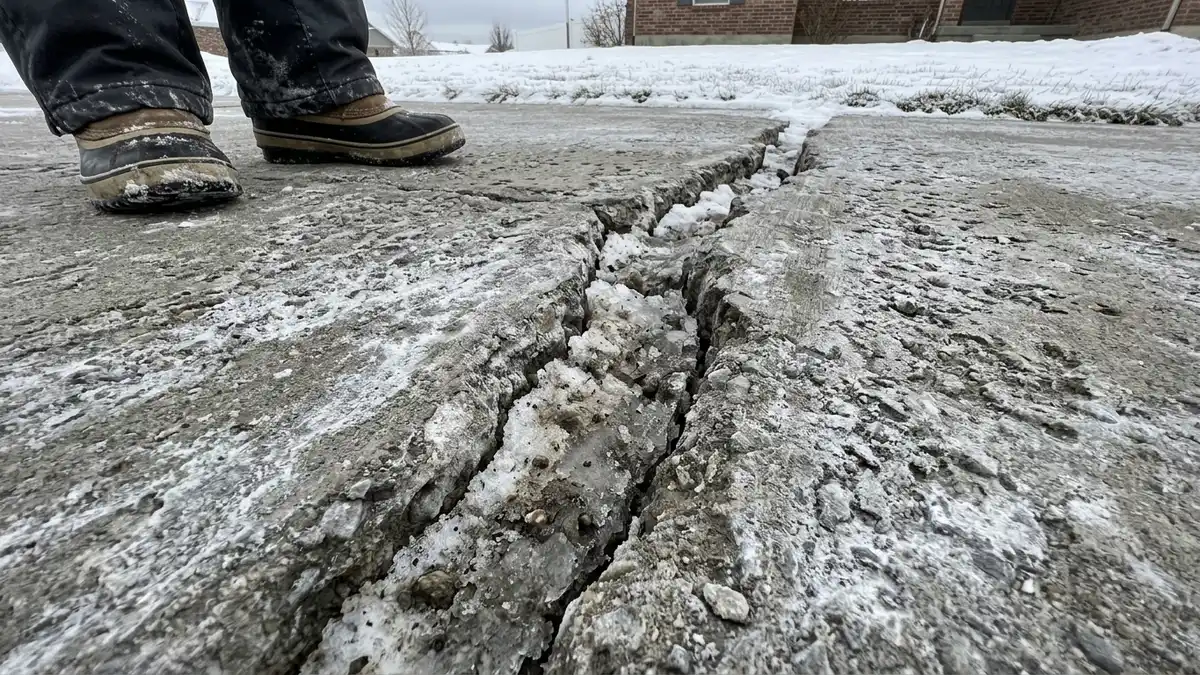 Freeze-thaw cracking and de-icing salt staining on a gray concrete driveway during a Utah winter
