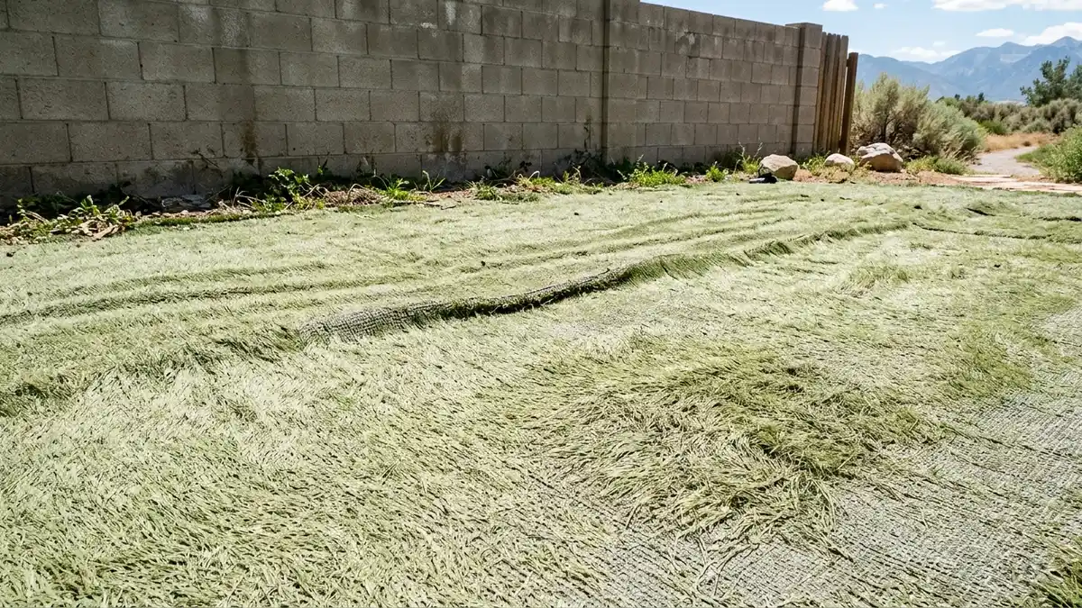 Aging cheap artificial turf in a Utah yard showing faded blades, ripples, and matted patches from poor installation