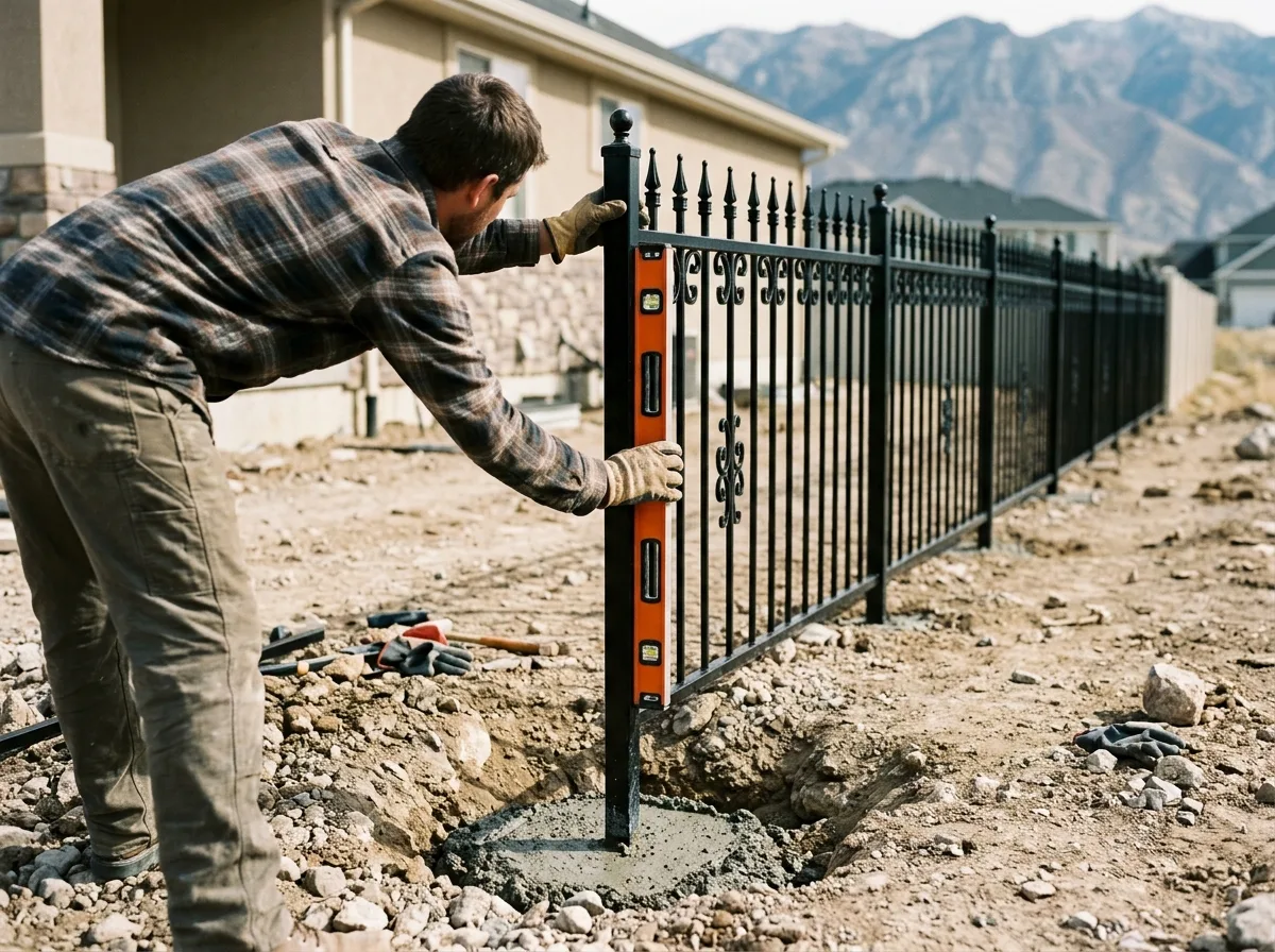 Installer setting an iron fence post plumb in wet concrete