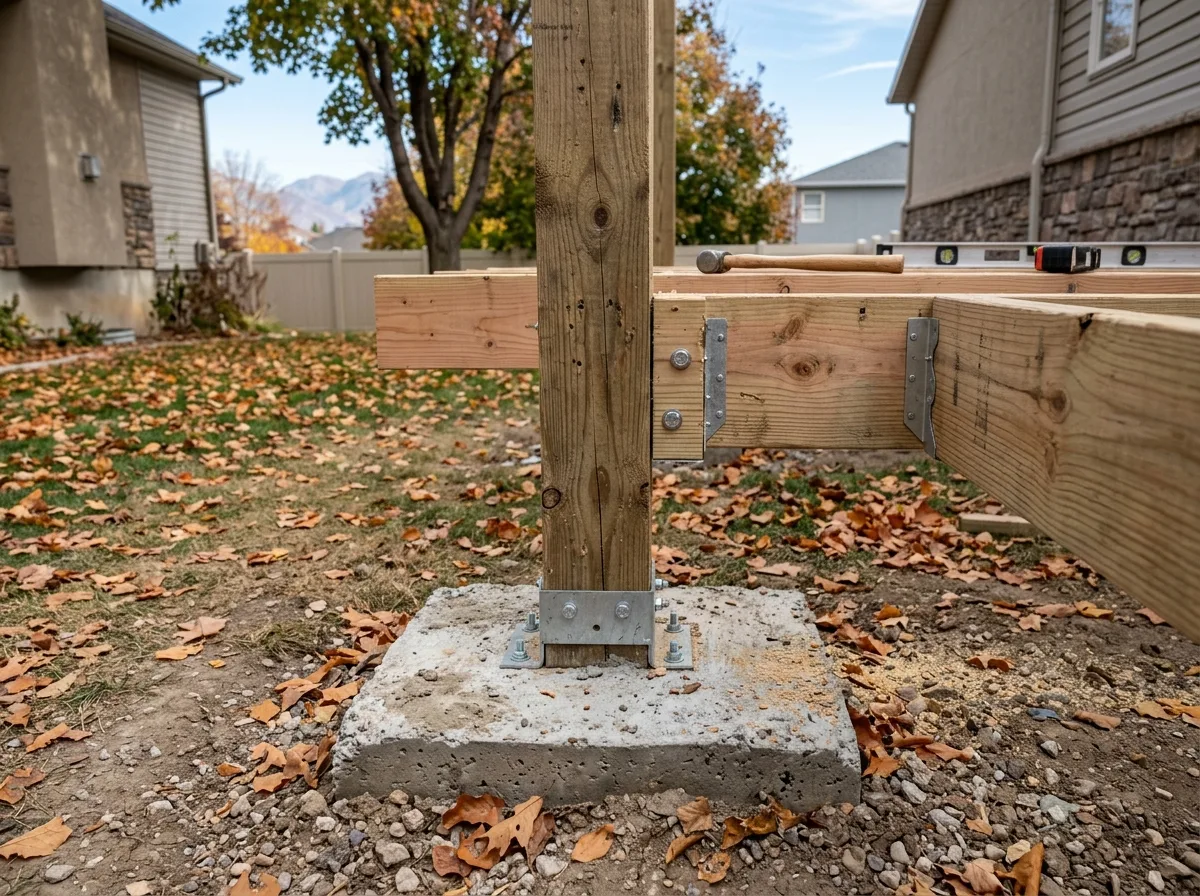 Concrete deck footings with wooden posts and new framing joists in a Utah backyard on a clear autumn day, fallen leaves on the lawn
