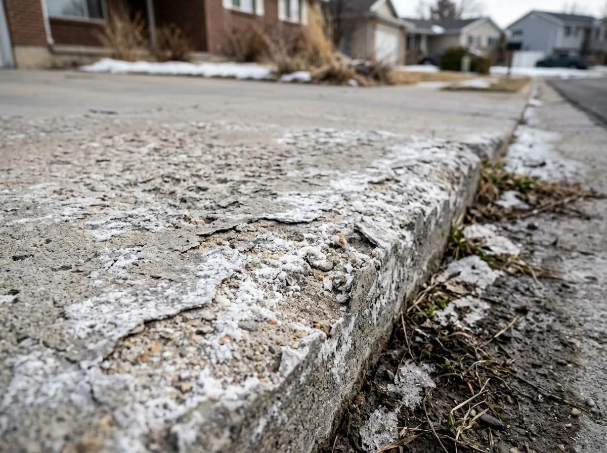 Close-up of flaking surface scaling and white de-icing salt residue on the edge of a gray concrete driveway after a Utah winter