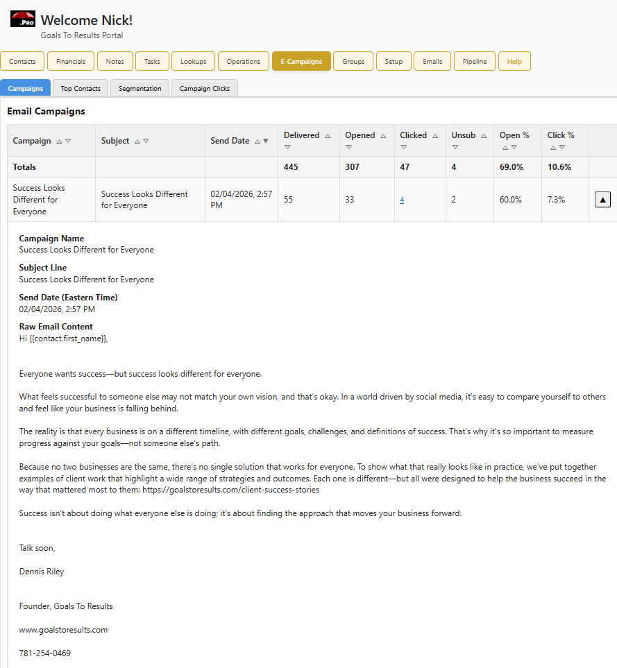 In depth image showing how email campaign data is shown in the Portal