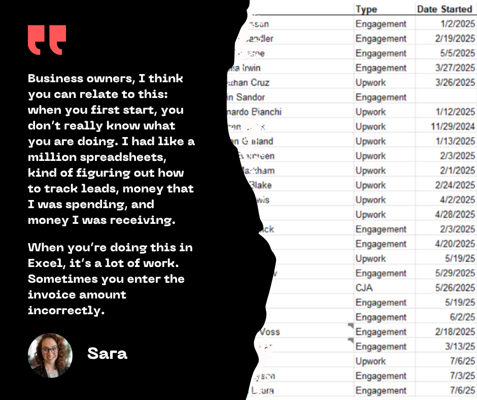 Image of quotes from Sara about the difficulties of using spreadsheets