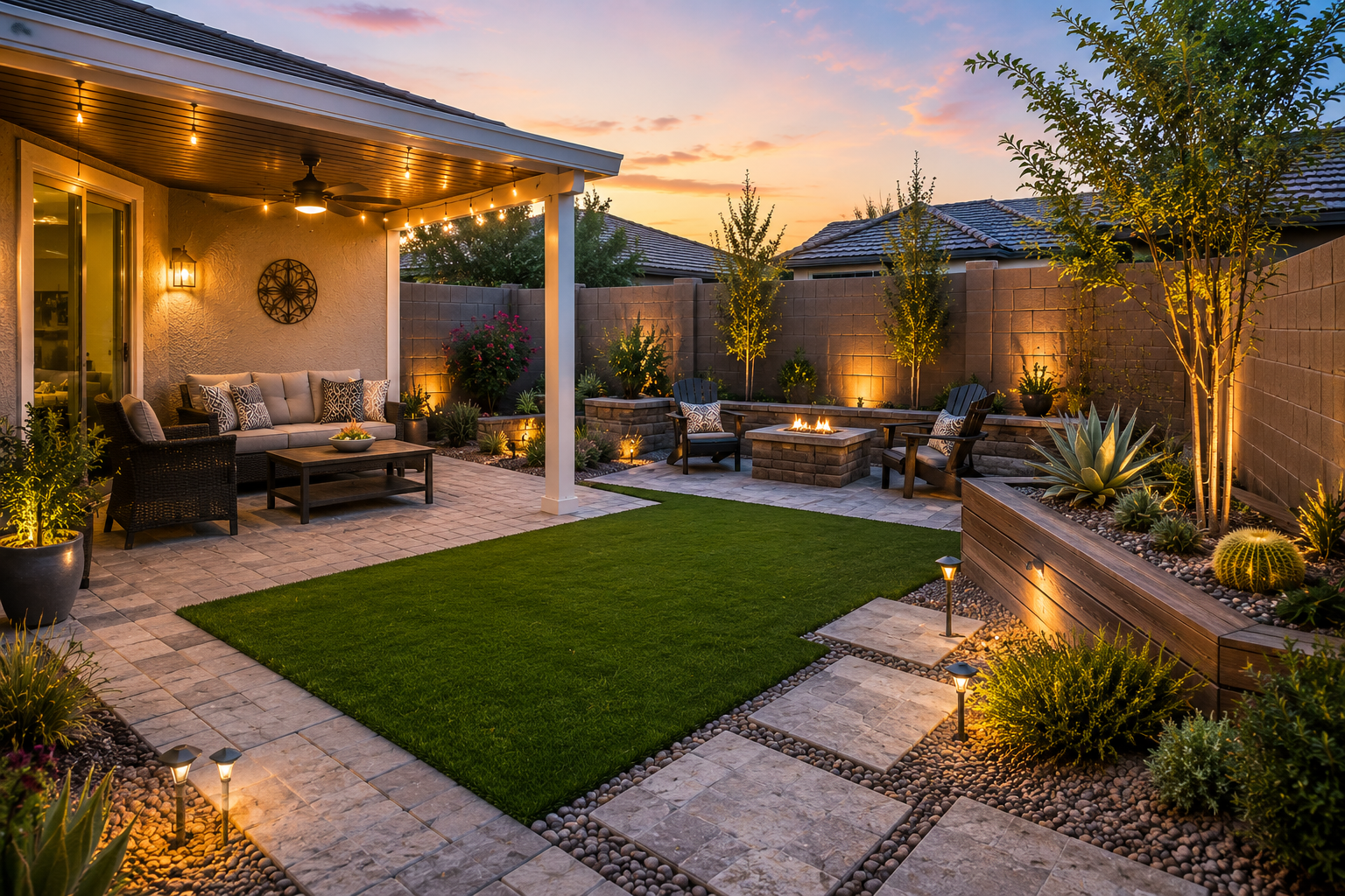 Small Arizona backyard makeover featuring a modern aluminum patio cover, decorative pavers, artificial turf, desert landscaping, and a cozy outdoor seating area designed to maximize a compact outdoor space. Small Arizona backyard makeover featuring a modern aluminum patio cover, decorative pavers, artificial turf, desert landscaping, and a cozy outdoor seating area designed to maximize a compact outdoor space.