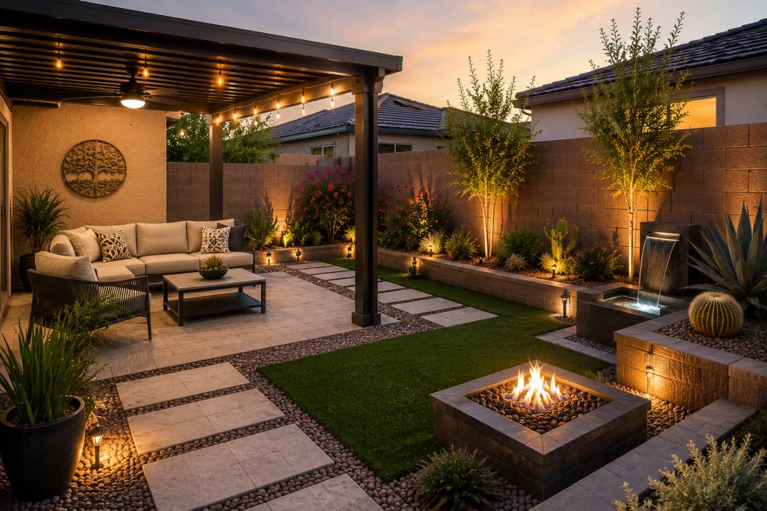 Small Arizona backyard makeover featuring a modern aluminum patio cover, decorative pavers, artificial turf, desert landscaping, and a cozy outdoor seating area designed to maximize a compact outdoor space.
