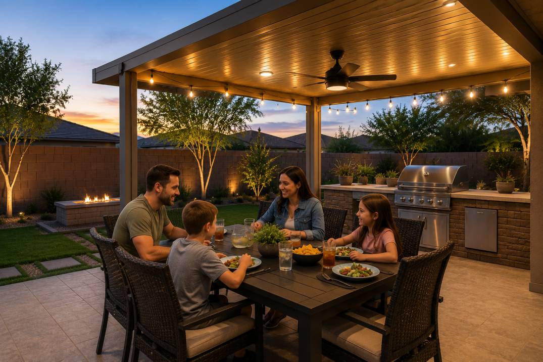 Family enjoying a covered patio that adds outdoor living space and value to an Arizona home.