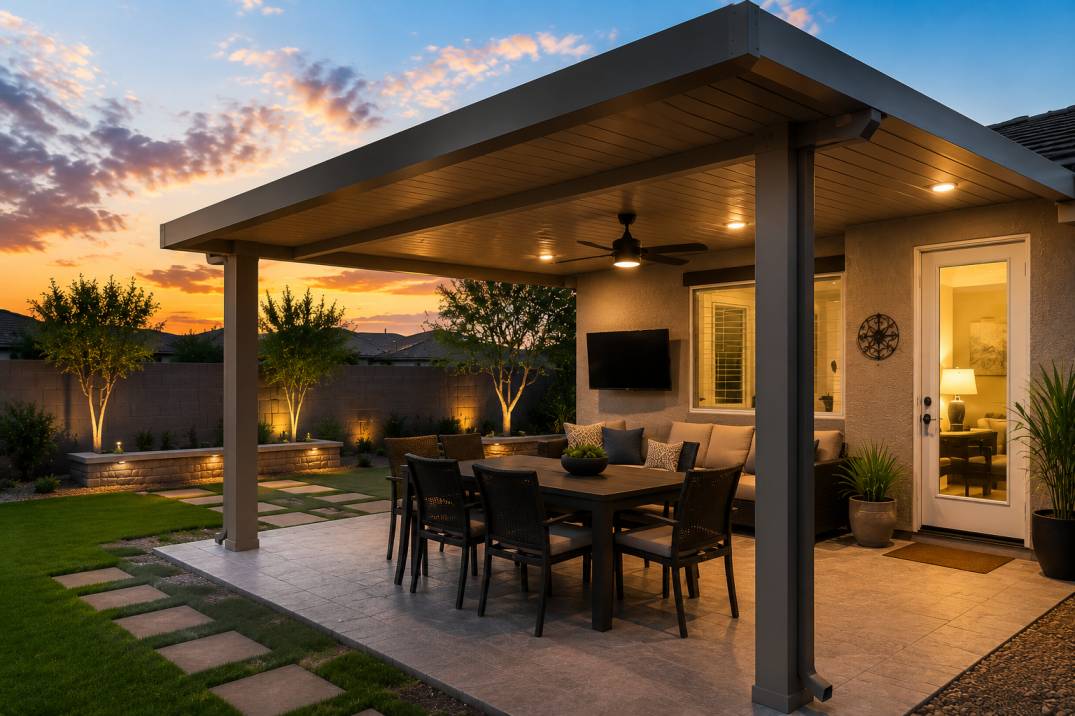 Stylish backyard patio with a modern aluminum patio cover designed for shade, outdoor entertaining, and long-term home value.