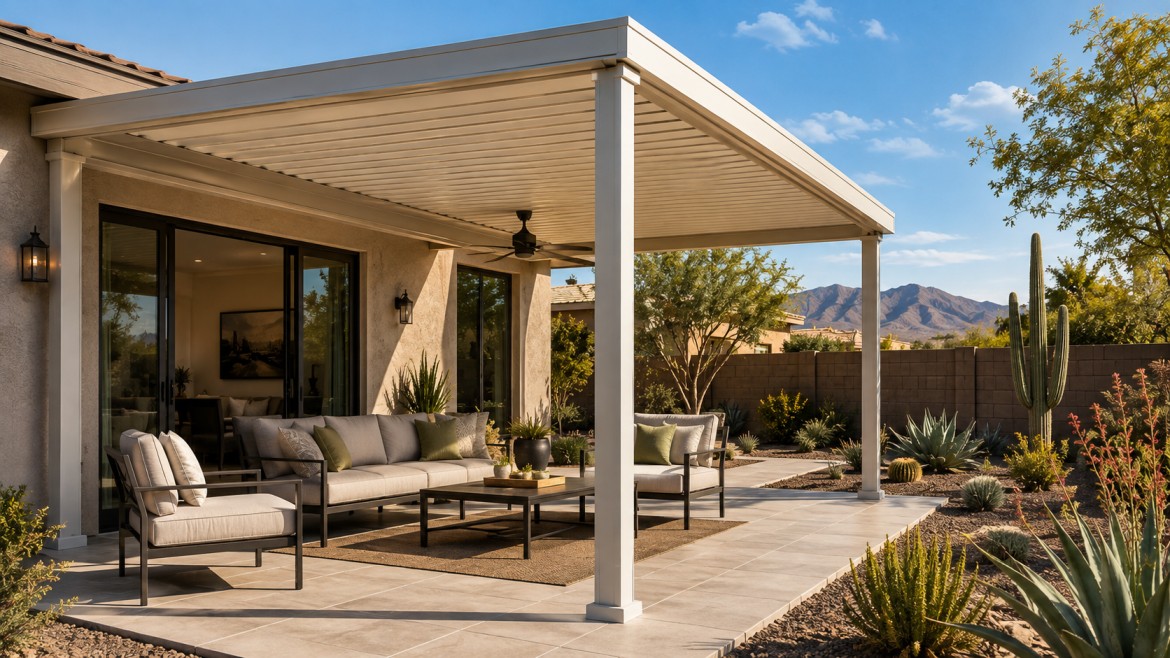 Modern aluminum patio cover providing low-maintenance shade for an Arizona backyard with desert landscaping and comfortable outdoor living space.