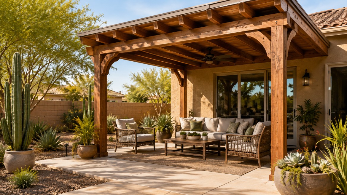 Custom wood patio cover creating a comfortable outdoor living area in an Arizona backyard with desert landscaping and covered patio seating.