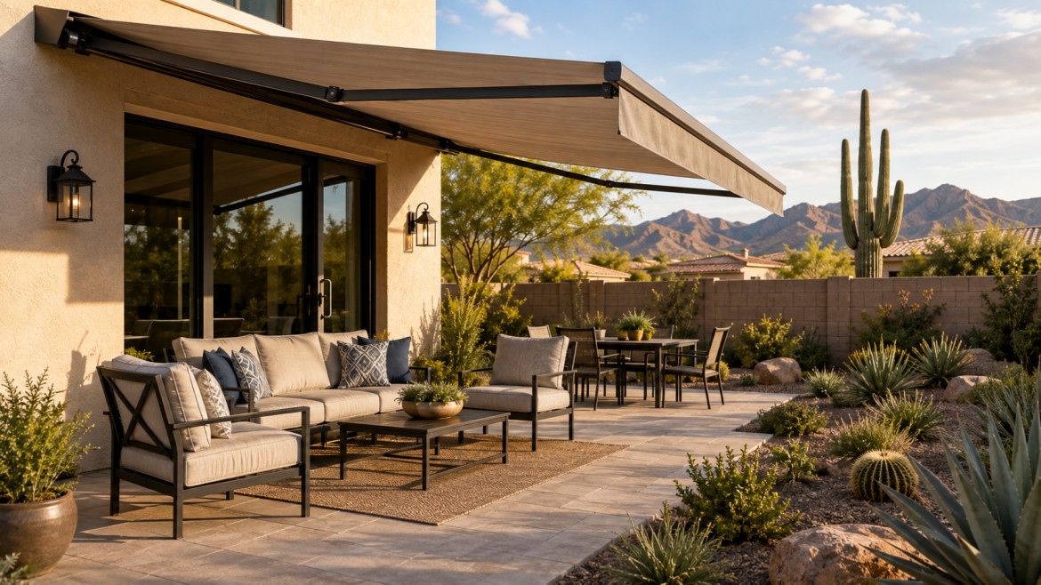 Custom retractable awning installed on a modern Arizona home, providing comfortable outdoor shade with desert landscaping in San Tan Valley.