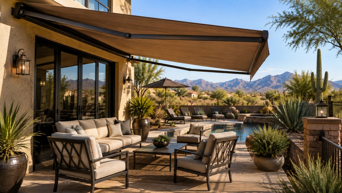 Retractable patio awning creating a cool outdoor seating area while reducing direct sunlight on an Arizona home's windows and patio.