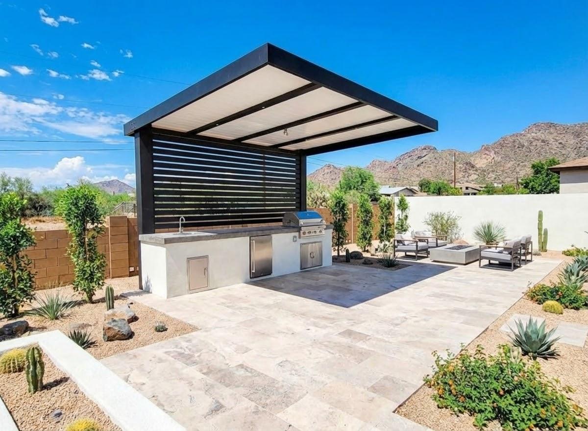Durable aluminum patio cover attached to a modern Arizona home