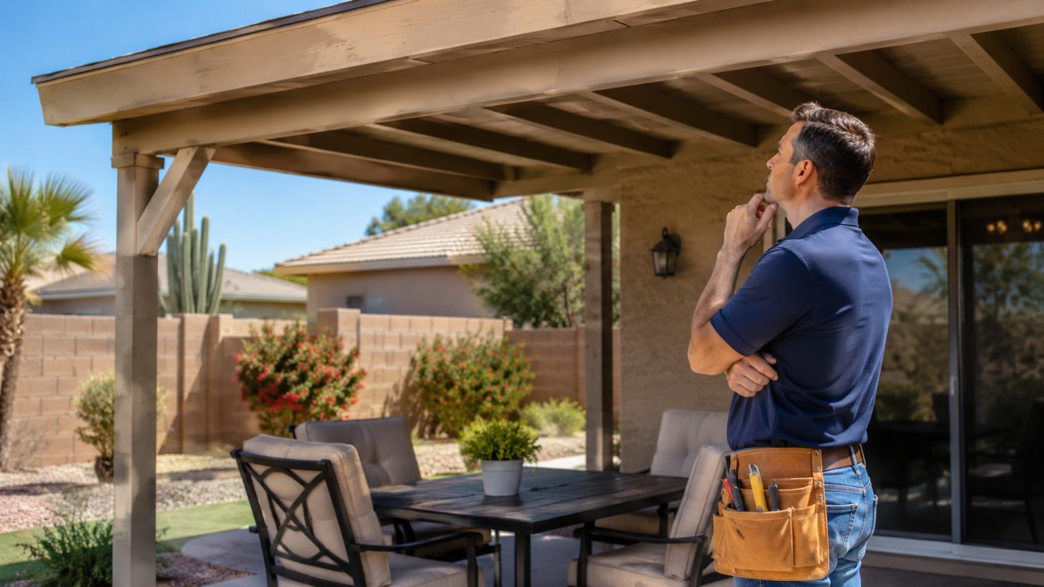 Homeowner inspecting a patio cover installation in an Arizona backyard for proper structure and placement