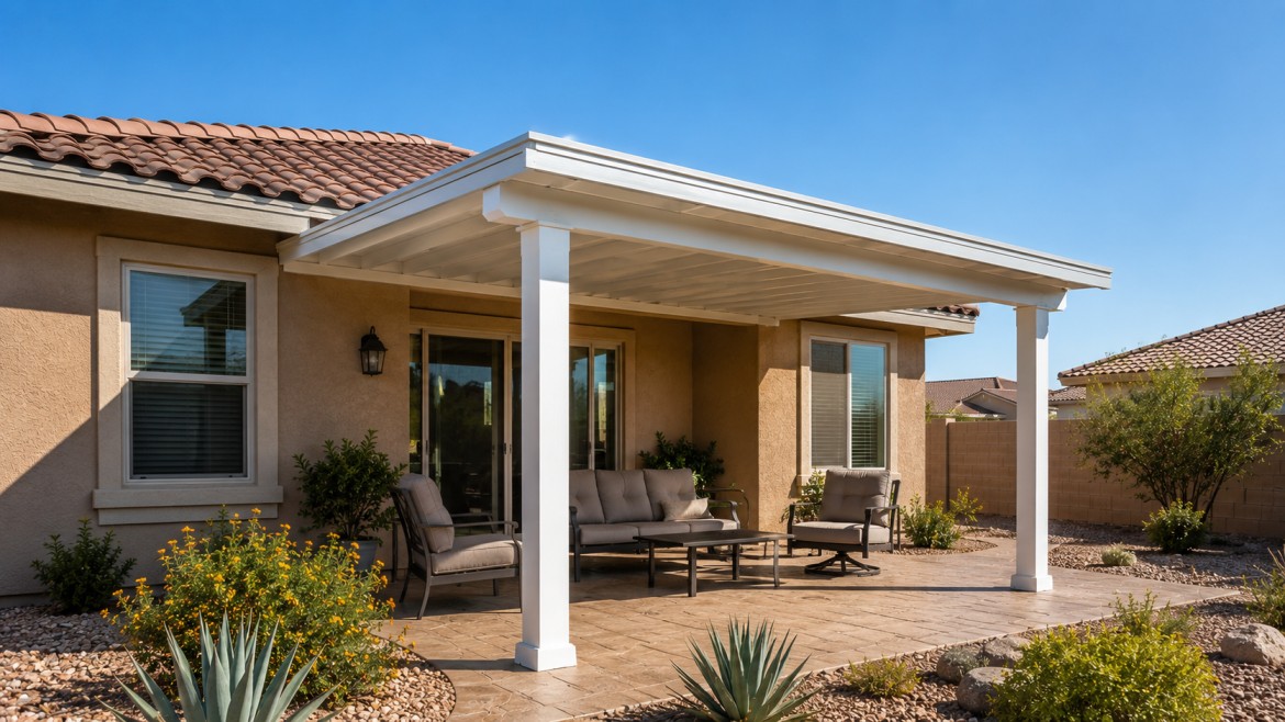 Attached aluminum patio cover extending from the roofline of a single-story Arizona home