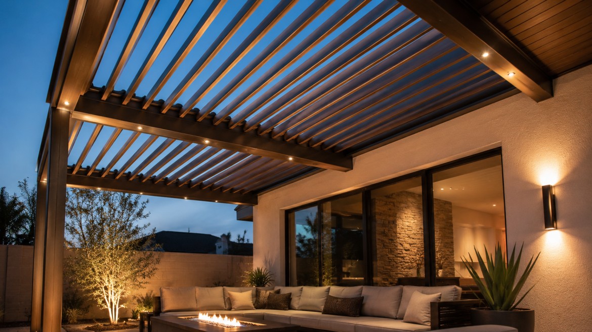 Louvered aluminum patio cover with adjustable blades over a modern outdoor living space