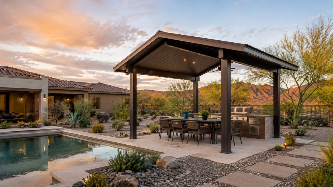 Freestanding aluminum ramada patio cover over a backyard pool deck in the Arizona East Valley