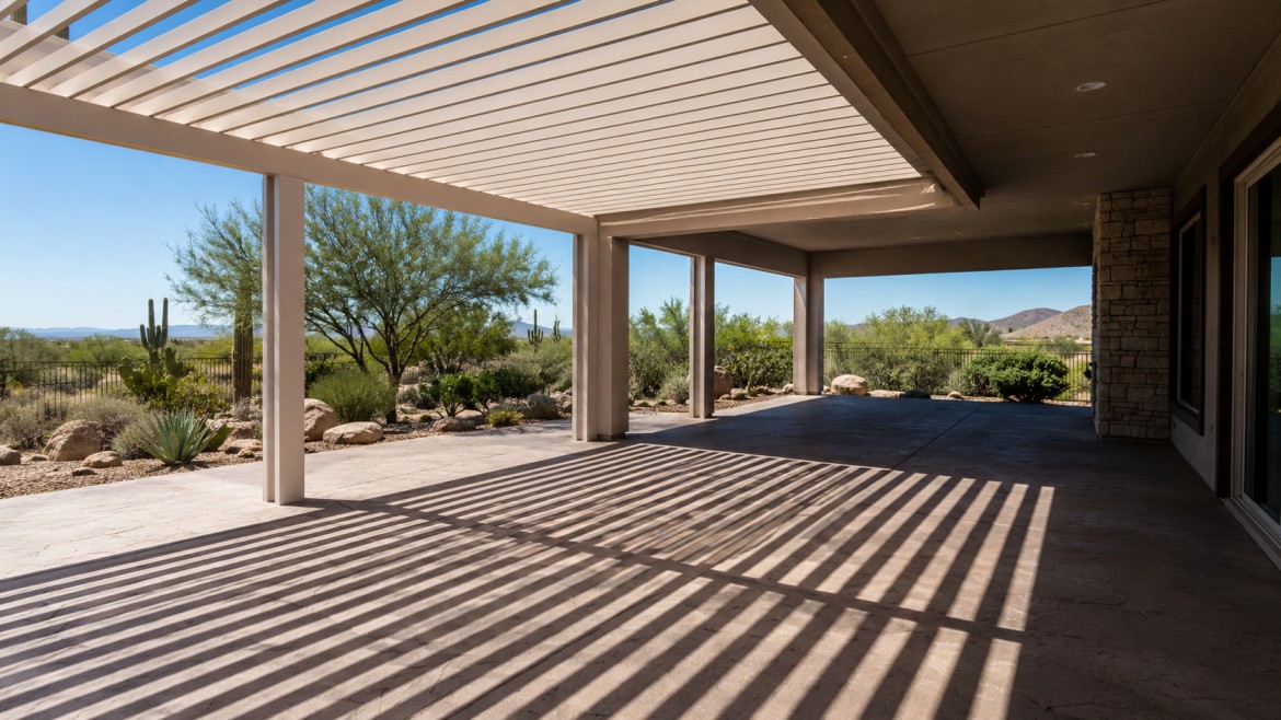 Lattice patio cover casting striped partial shade beside a solid patio cover section in full shade